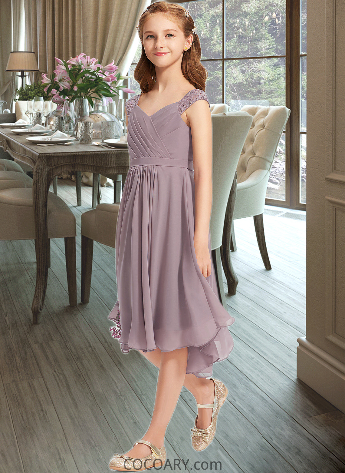 Danika A-Line V-neck Knee-Length Chiffon Lace Junior Bridesmaid Dress With Ruffle DA8P0013358