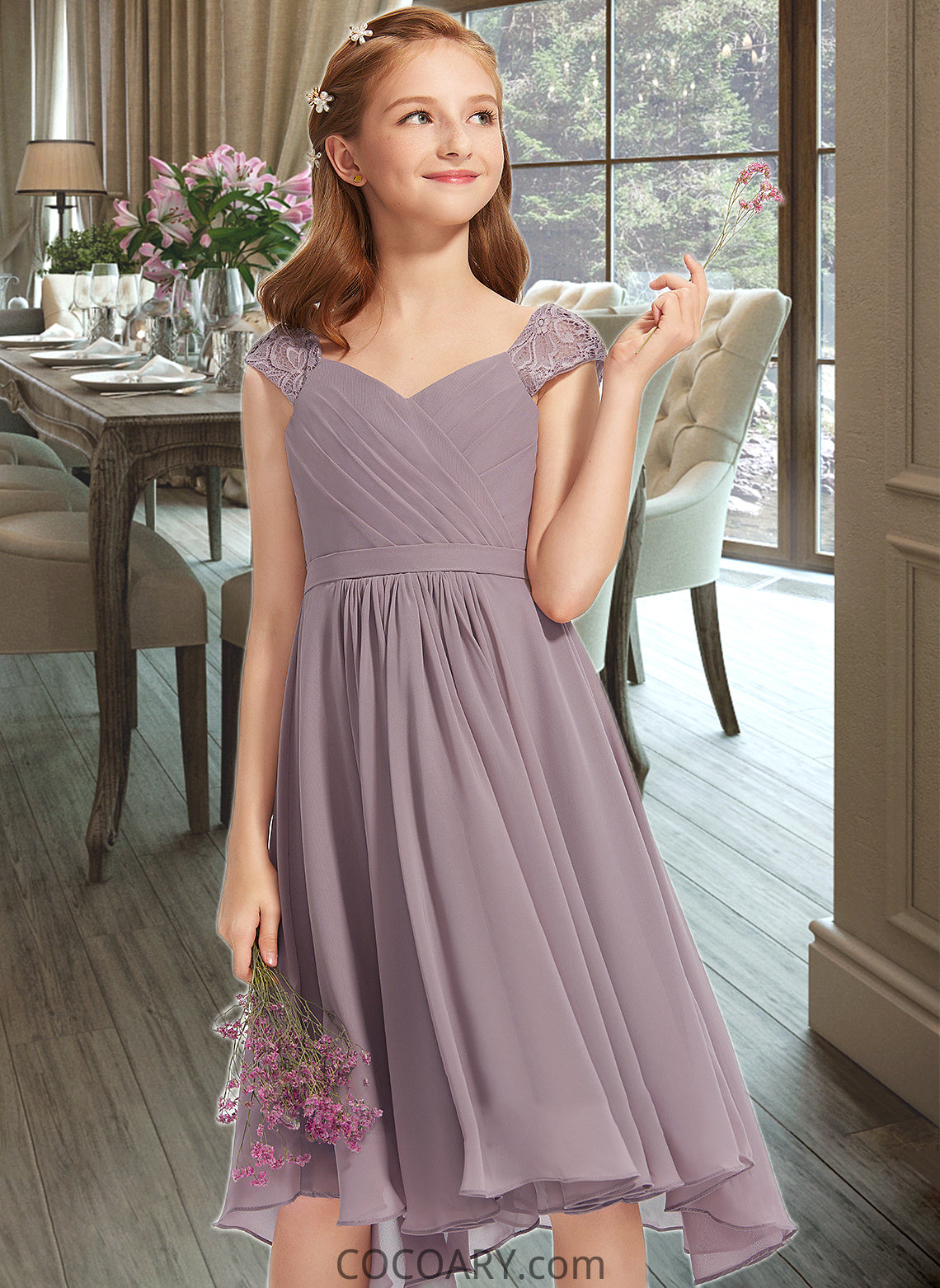 Danika A-Line V-neck Knee-Length Chiffon Lace Junior Bridesmaid Dress With Ruffle DA8P0013358