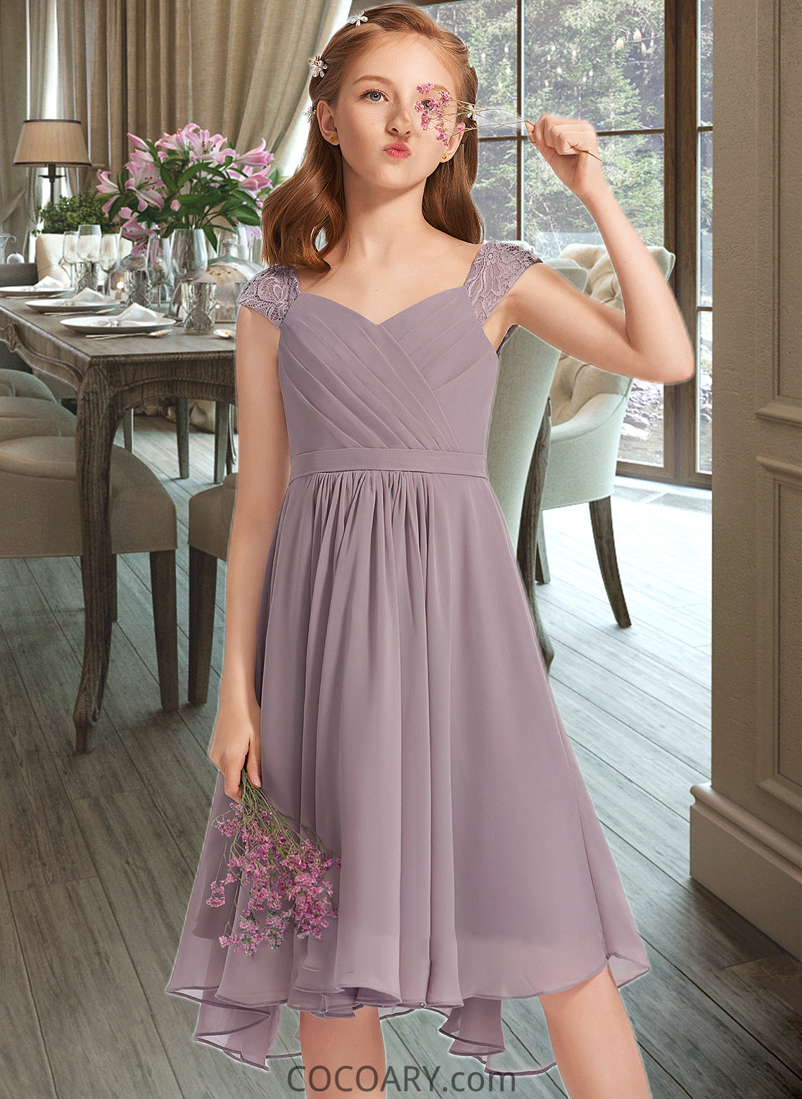 Danika A-Line V-neck Knee-Length Chiffon Lace Junior Bridesmaid Dress With Ruffle DA8P0013358