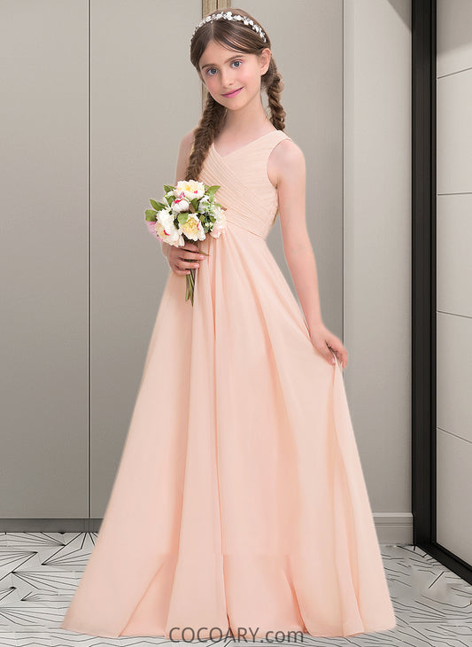 Ellie A-Line V-neck Floor-Length Chiffon Junior Bridesmaid Dress With Ruffle DA8P0013368