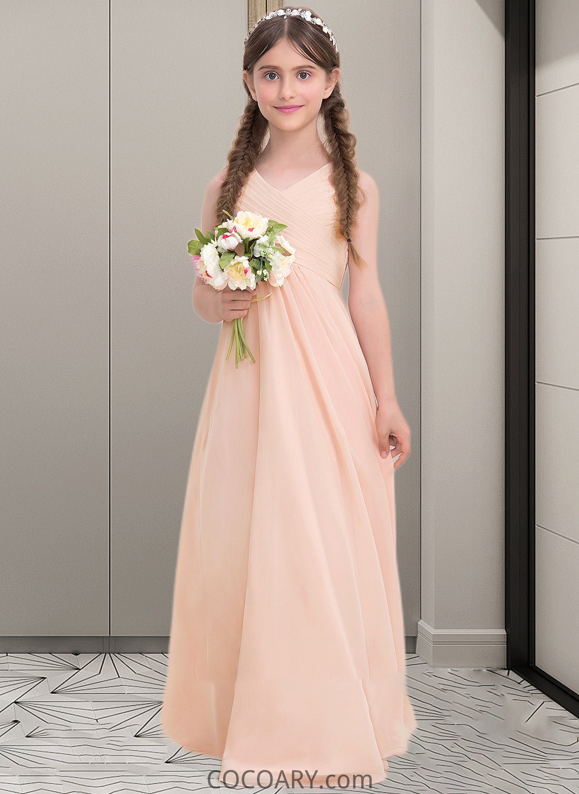 Ellie A-Line V-neck Floor-Length Chiffon Junior Bridesmaid Dress With Ruffle DA8P0013368