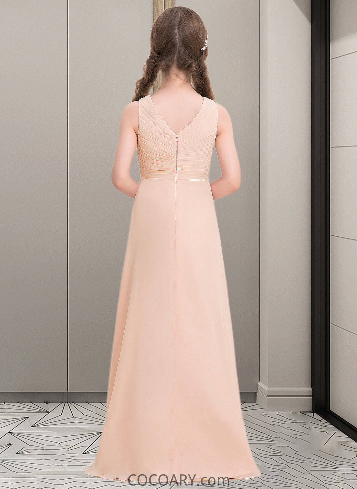 Ellie A-Line V-neck Floor-Length Chiffon Junior Bridesmaid Dress With Ruffle DA8P0013368