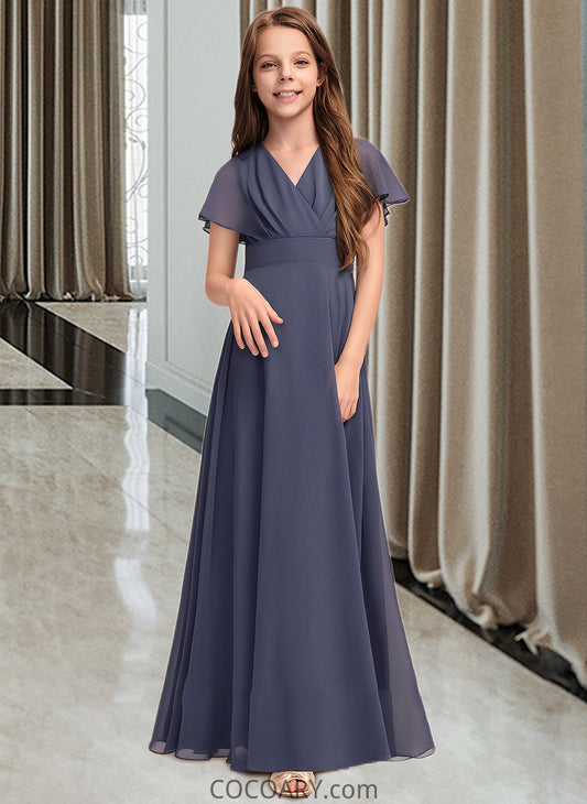 Marianna A-Line V-neck Floor-Length Chiffon Junior Bridesmaid Dress With Ruffle Bow(s) DA8P0013369