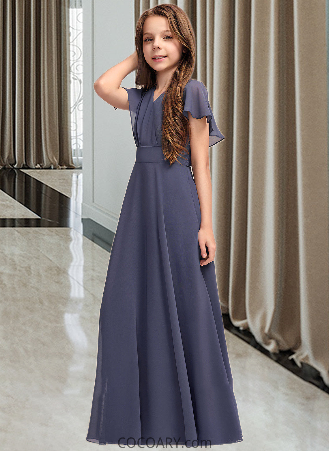 Marianna A-Line V-neck Floor-Length Chiffon Junior Bridesmaid Dress With Ruffle Bow(s) DA8P0013369