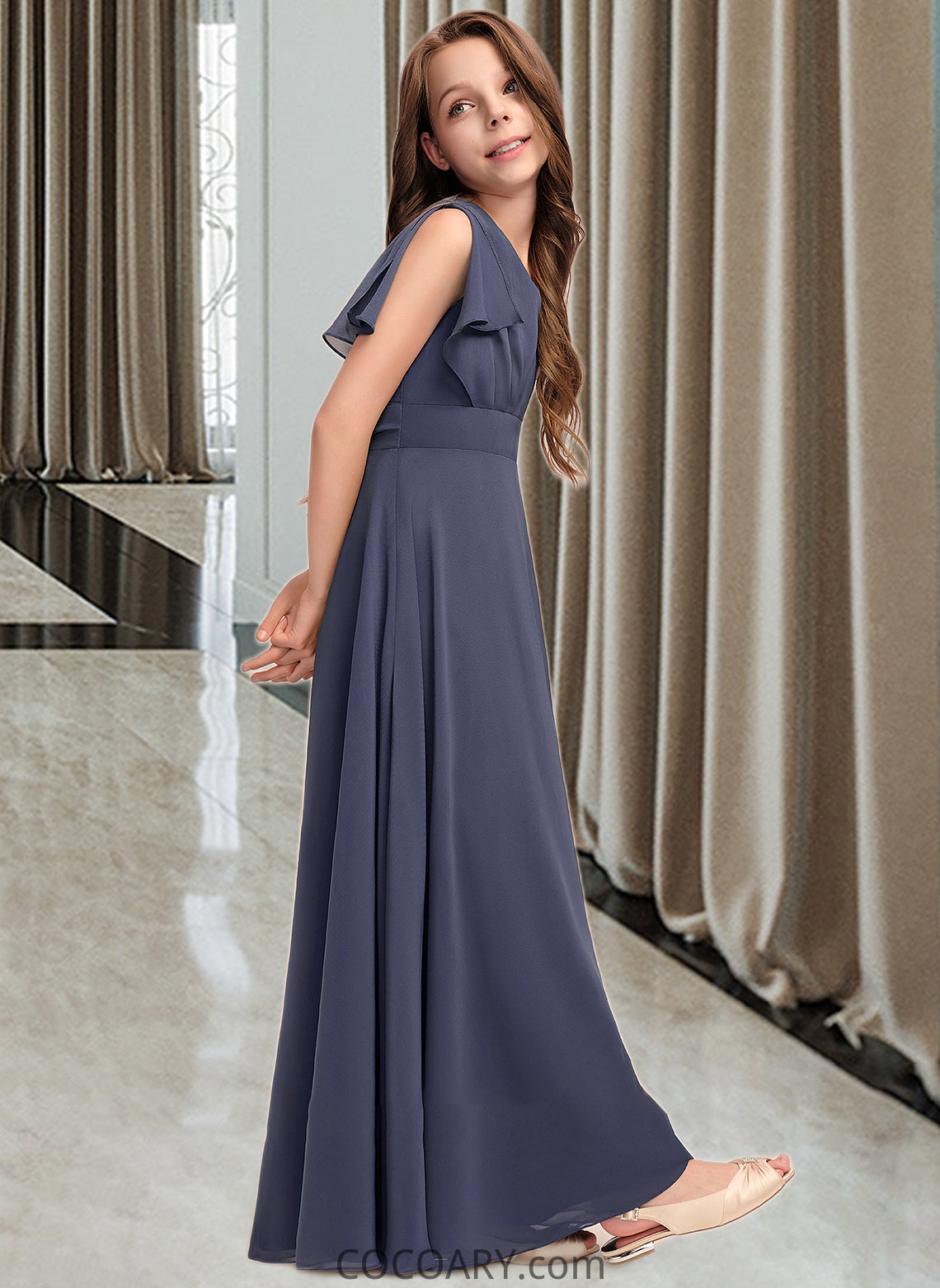 Marianna A-Line V-neck Floor-Length Chiffon Junior Bridesmaid Dress With Ruffle Bow(s) DA8P0013369