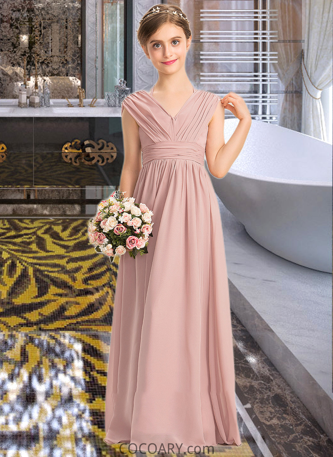 Marissa A-Line V-neck Floor-Length Chiffon Junior Bridesmaid Dress With Ruffle Bow(s) DA8P0013378