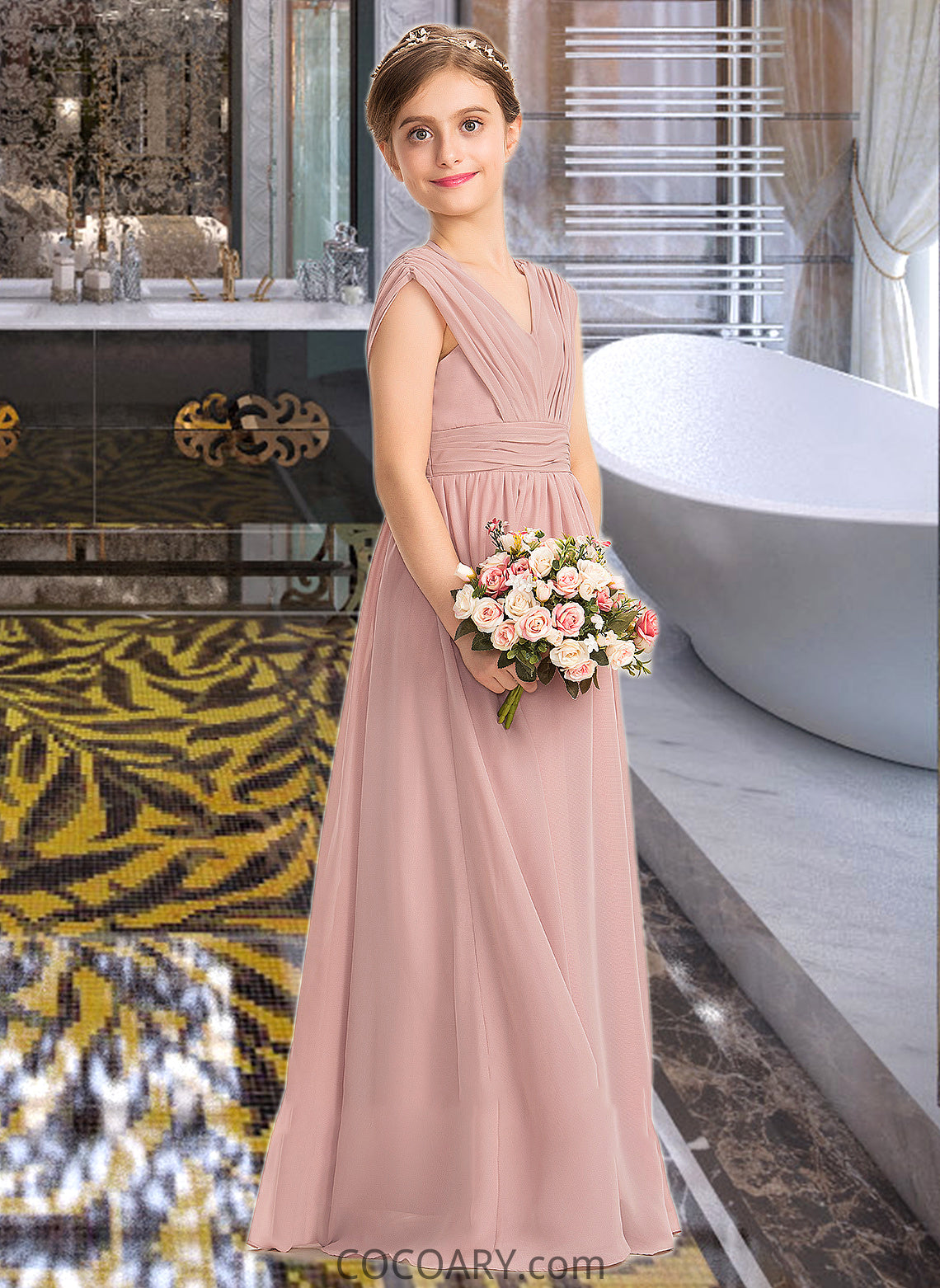 Marissa A-Line V-neck Floor-Length Chiffon Junior Bridesmaid Dress With Ruffle Bow(s) DA8P0013378