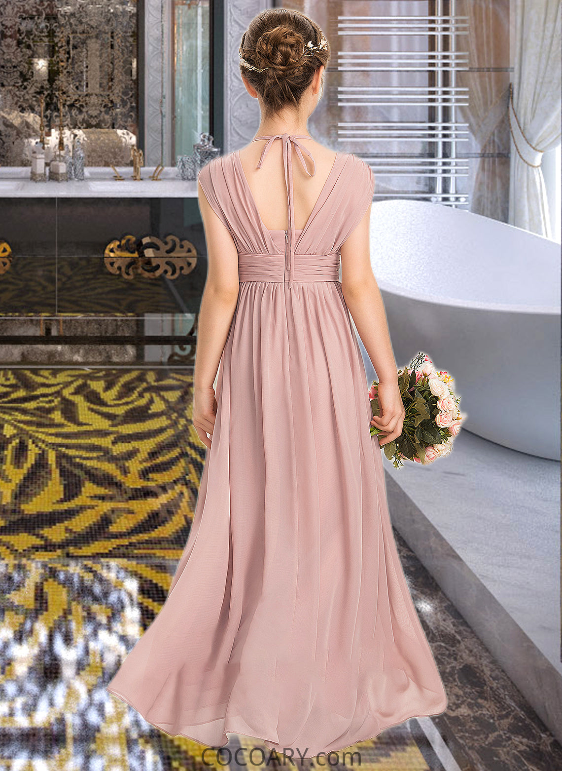 Marissa A-Line V-neck Floor-Length Chiffon Junior Bridesmaid Dress With Ruffle Bow(s) DA8P0013378