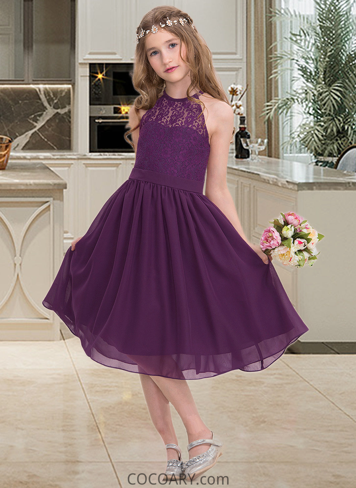 Nora A-Line Scoop Neck Knee-Length Chiffon Junior Bridesmaid Dress DA8P0013379