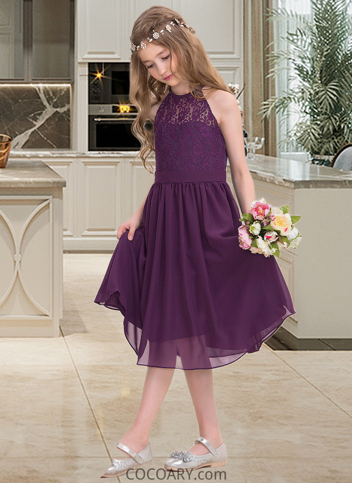 Nora A-Line Scoop Neck Knee-Length Chiffon Junior Bridesmaid Dress DA8P0013379