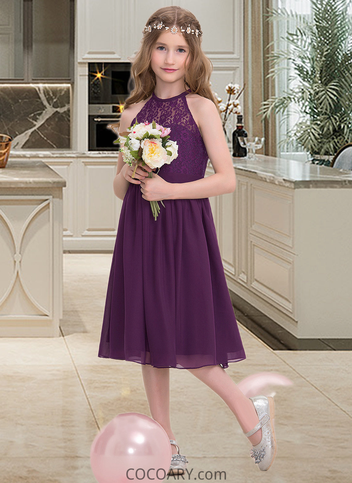 Nora A-Line Scoop Neck Knee-Length Chiffon Junior Bridesmaid Dress DA8P0013379