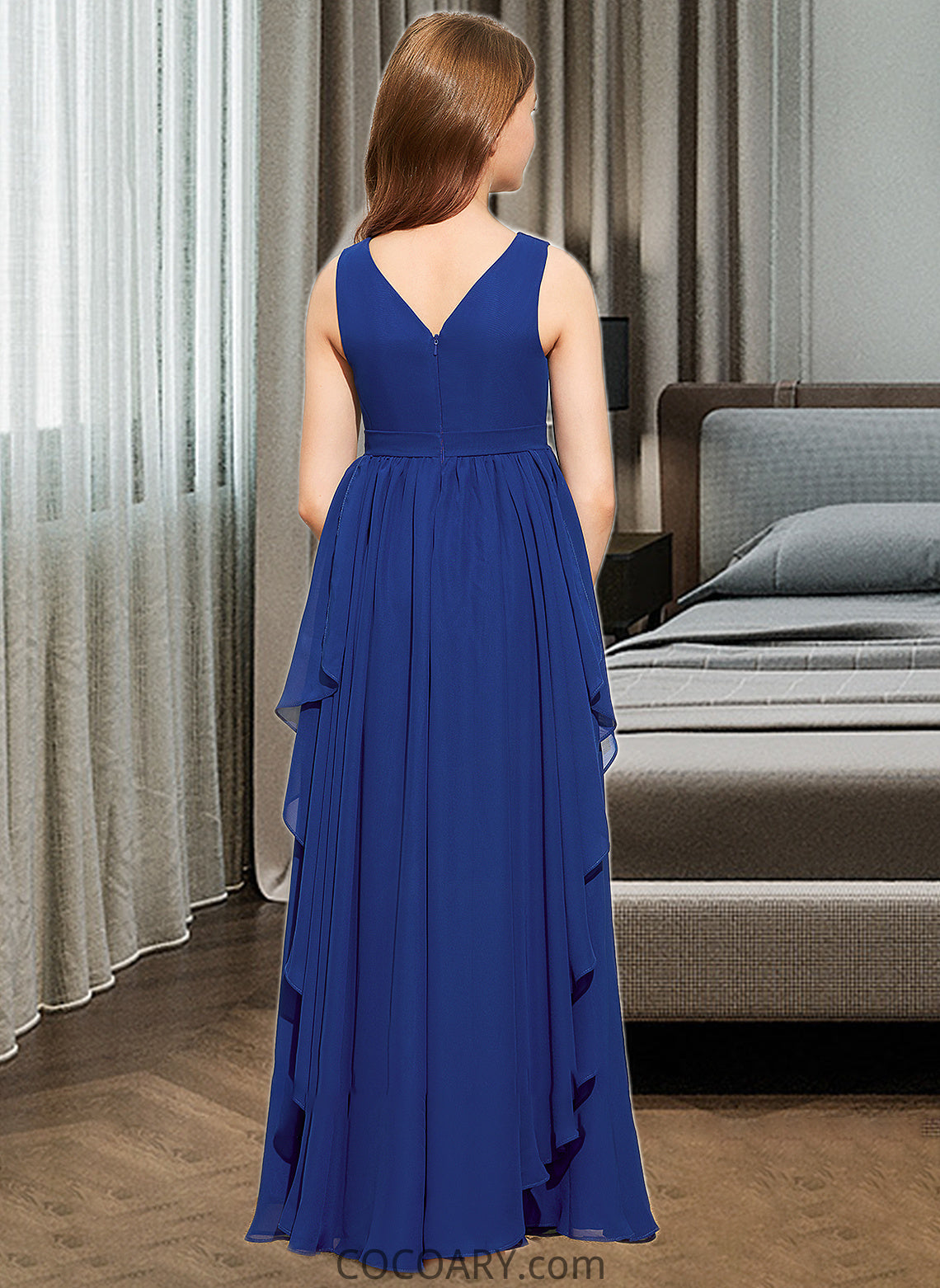 Jordyn A-Line V-neck Floor-Length Chiffon Junior Bridesmaid Dress With Cascading Ruffles DA8P0013381