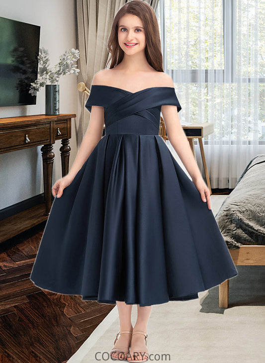 Maria A-Line Off-the-Shoulder Tea-Length Satin Junior Bridesmaid Dress With Ruffle Pockets DA8P0013383