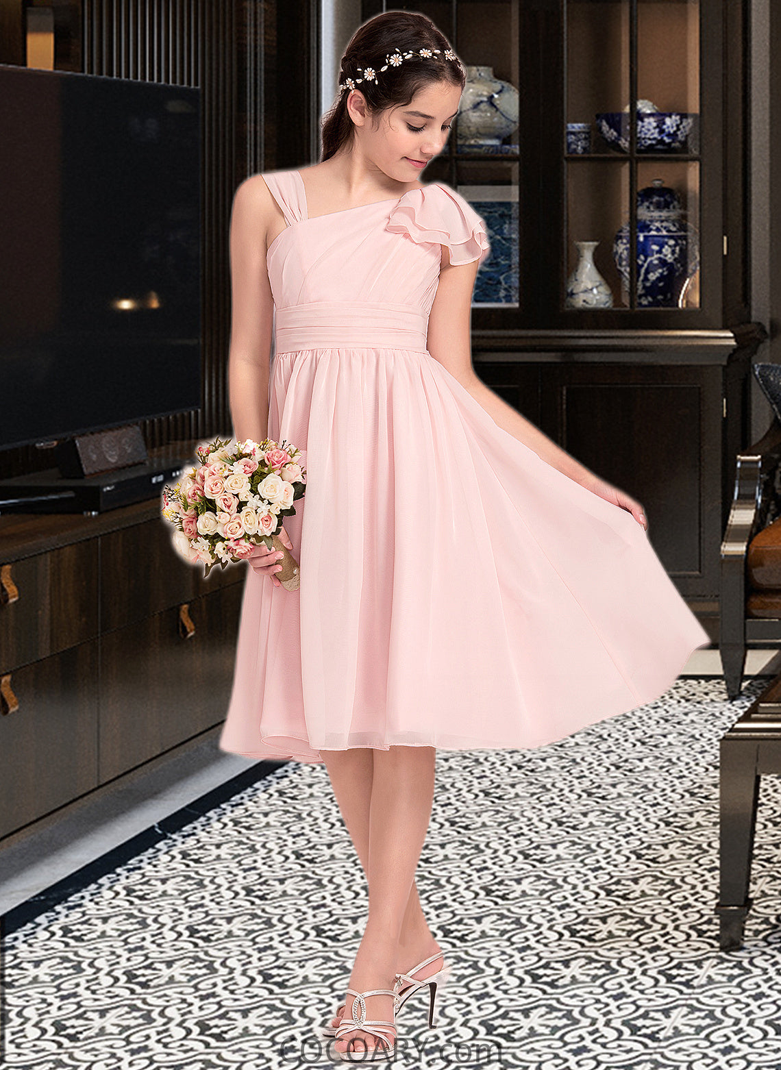 Jazmin A-Line V-neck Knee-Length Chiffon Junior Bridesmaid Dress With Cascading Ruffles DA8P0013386