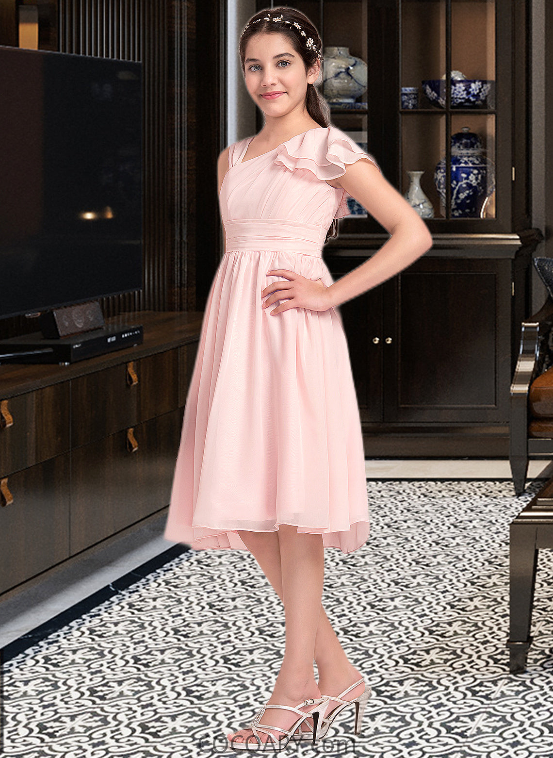 Jazmin A-Line V-neck Knee-Length Chiffon Junior Bridesmaid Dress With Cascading Ruffles DA8P0013386