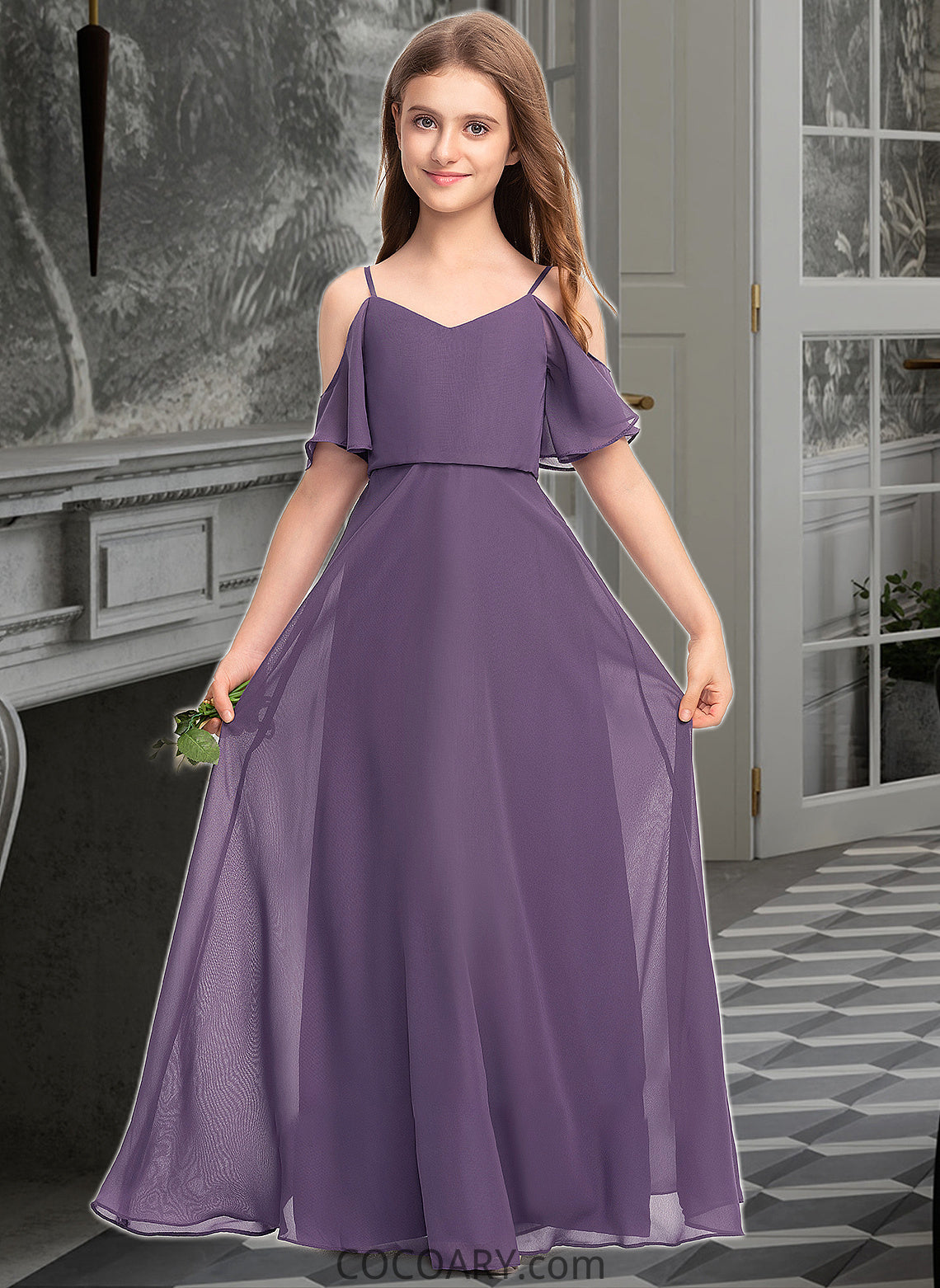 Skye A-Line V-neck Floor-Length Chiffon Junior Bridesmaid Dress DA8P0013390