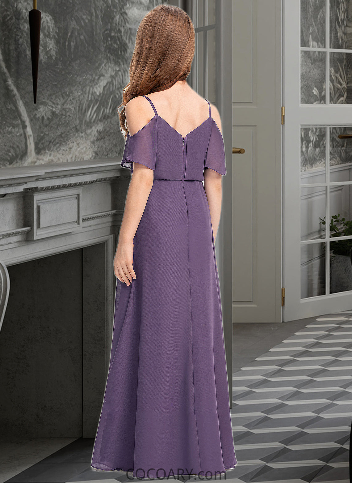 Skye A-Line V-neck Floor-Length Chiffon Junior Bridesmaid Dress DA8P0013390