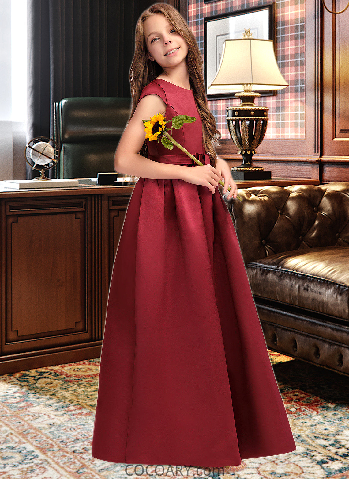 Jazlene A-Line Scoop Neck Floor-Length Satin Junior Bridesmaid Dress With Bow(s) Pockets DA8P0013391