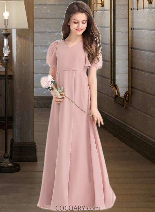 Carla A-Line V-neck Floor-Length Chiffon Junior Bridesmaid Dress With Bow(s) DA8P0013399