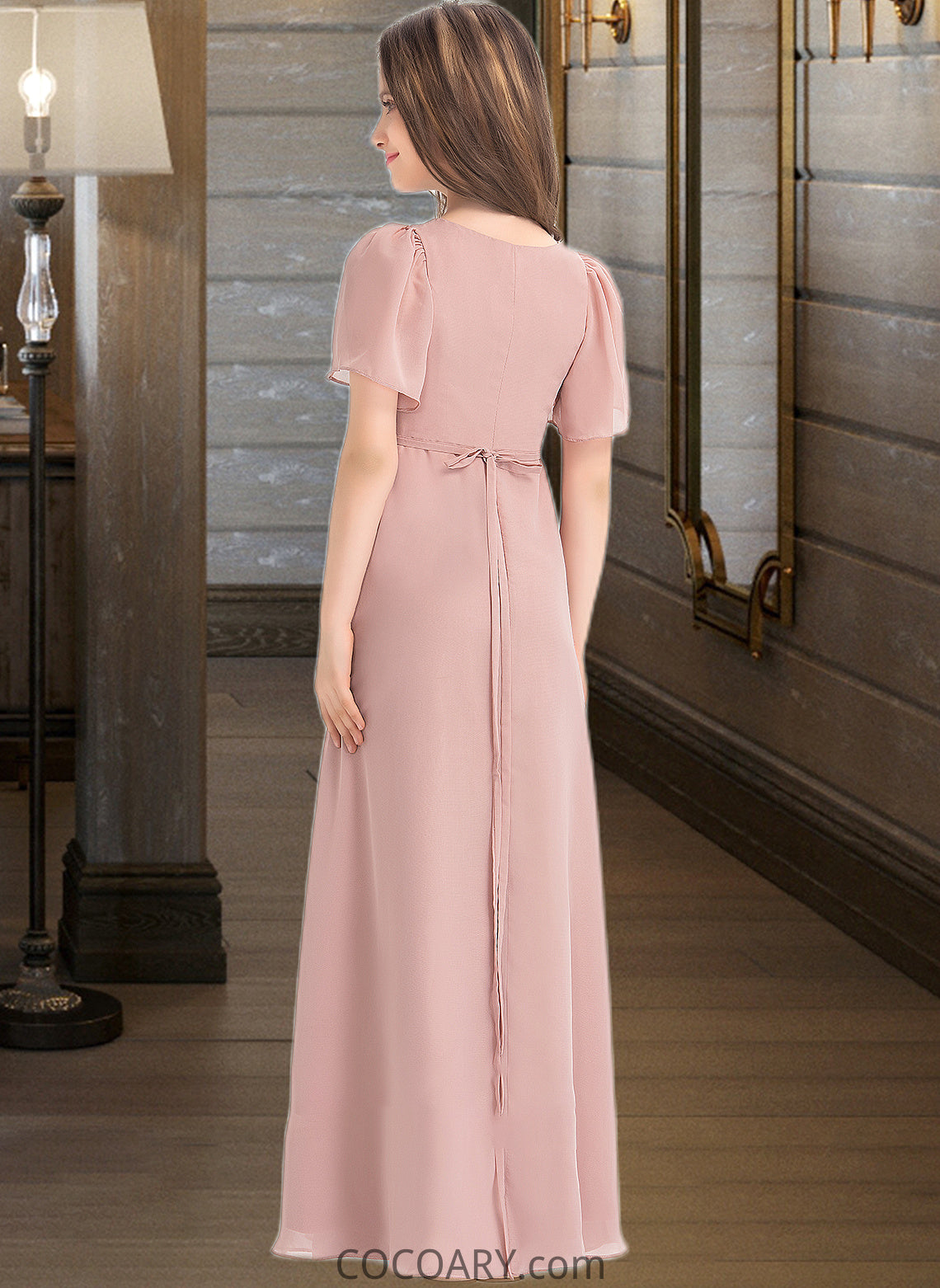 Carla A-Line V-neck Floor-Length Chiffon Junior Bridesmaid Dress With Bow(s) DA8P0013399