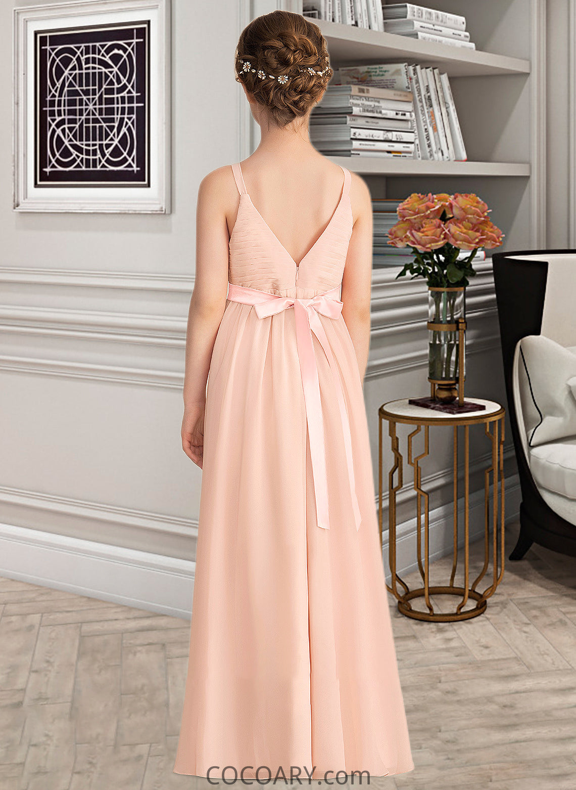 Cloe A-Line V-neck Floor-Length Chiffon Junior Bridesmaid Dress With Ruffle Bow(s) DA8P0013402