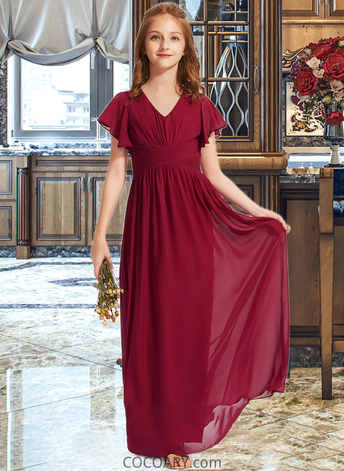 Pearl A-Line V-neck Floor-Length Chiffon Junior Bridesmaid Dress With Ruffle DA8P0013405