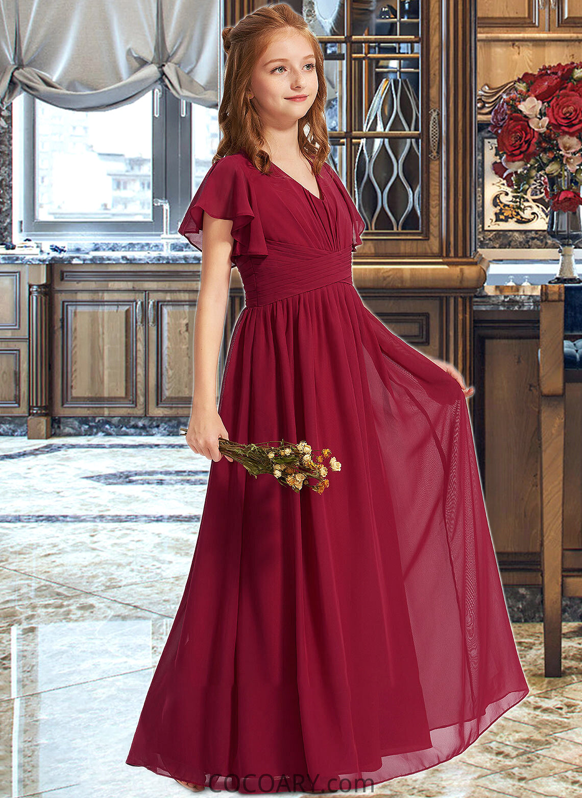 Pearl A-Line V-neck Floor-Length Chiffon Junior Bridesmaid Dress With Ruffle DA8P0013405