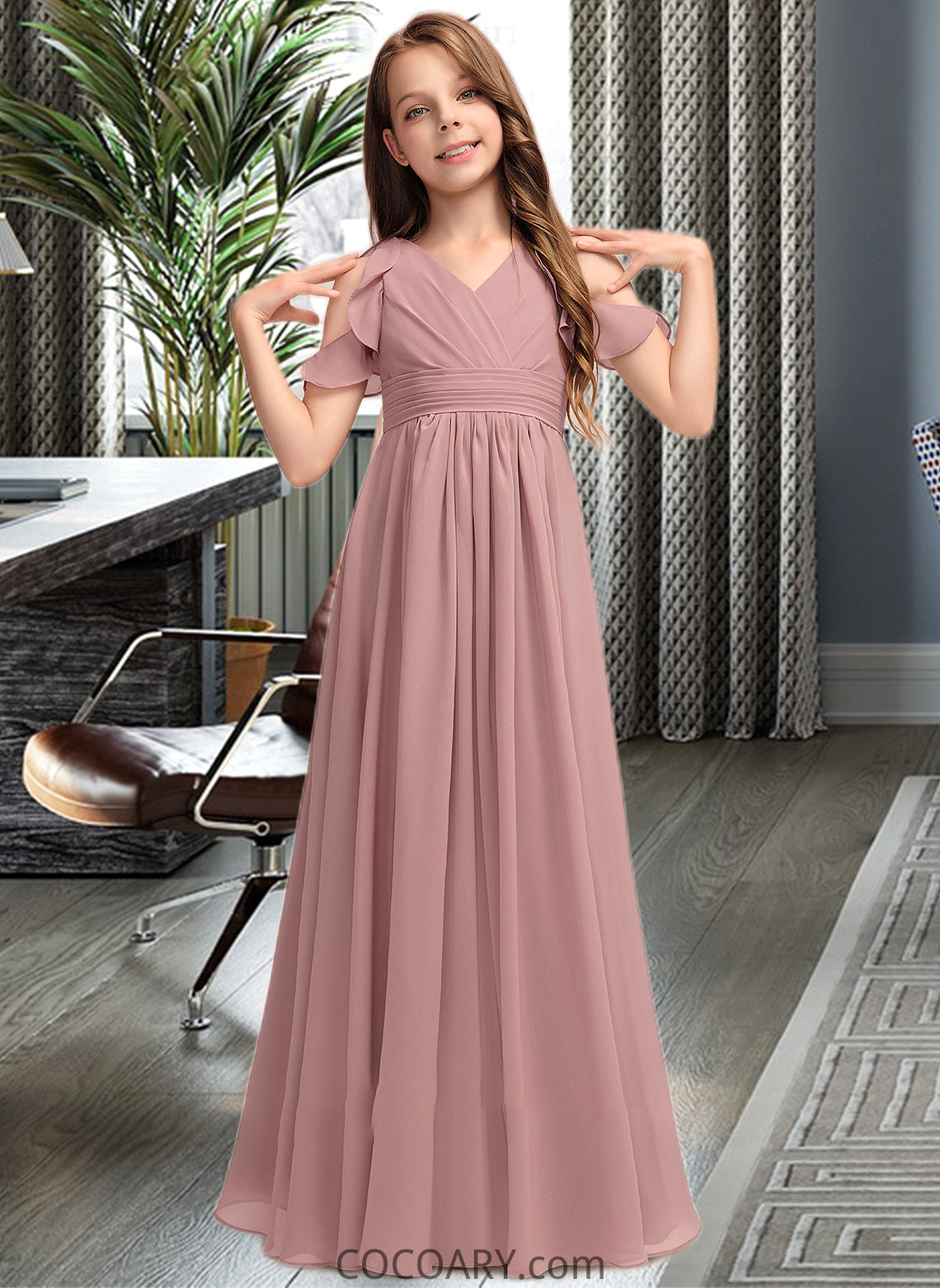 Yaretzi A-Line V-neck Floor-Length Chiffon Junior Bridesmaid Dress With Cascading Ruffles DA8P0013413