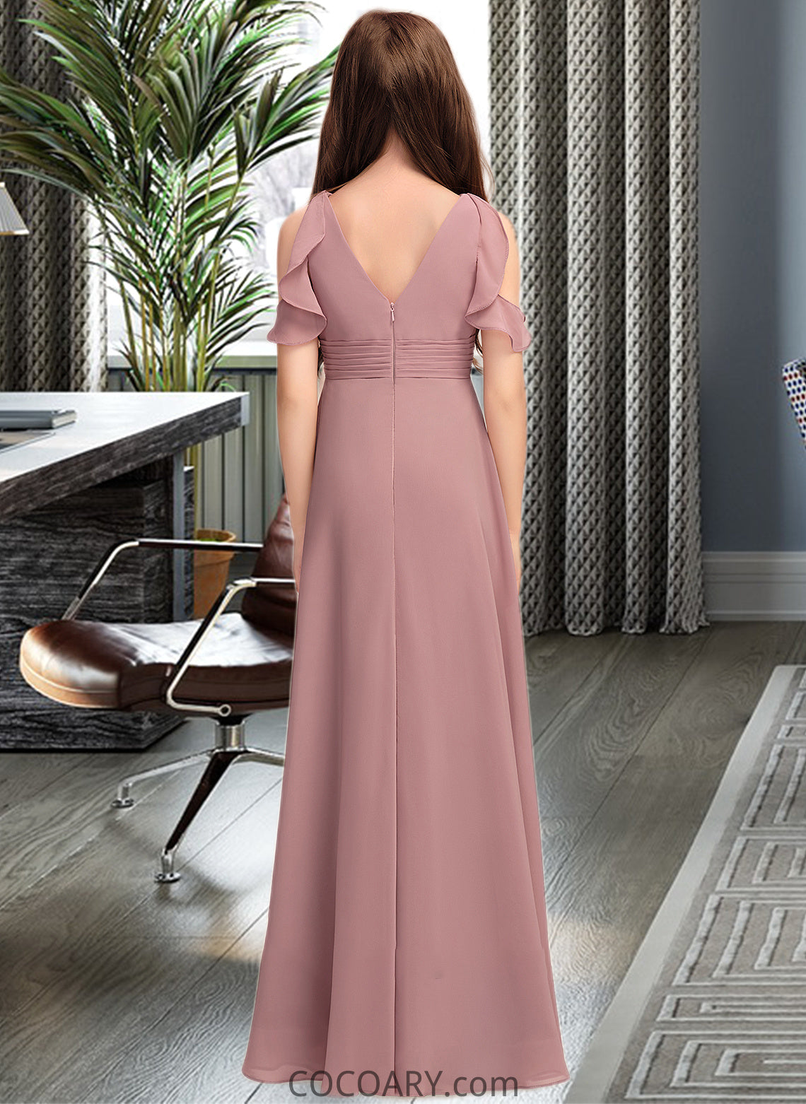 Yaretzi A-Line V-neck Floor-Length Chiffon Junior Bridesmaid Dress With Cascading Ruffles DA8P0013413