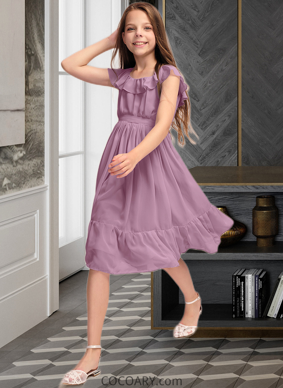 Sage A-Line Scoop Neck Knee-Length Chiffon Junior Bridesmaid Dress With Bow(s) Cascading Ruffles DA8P0013426