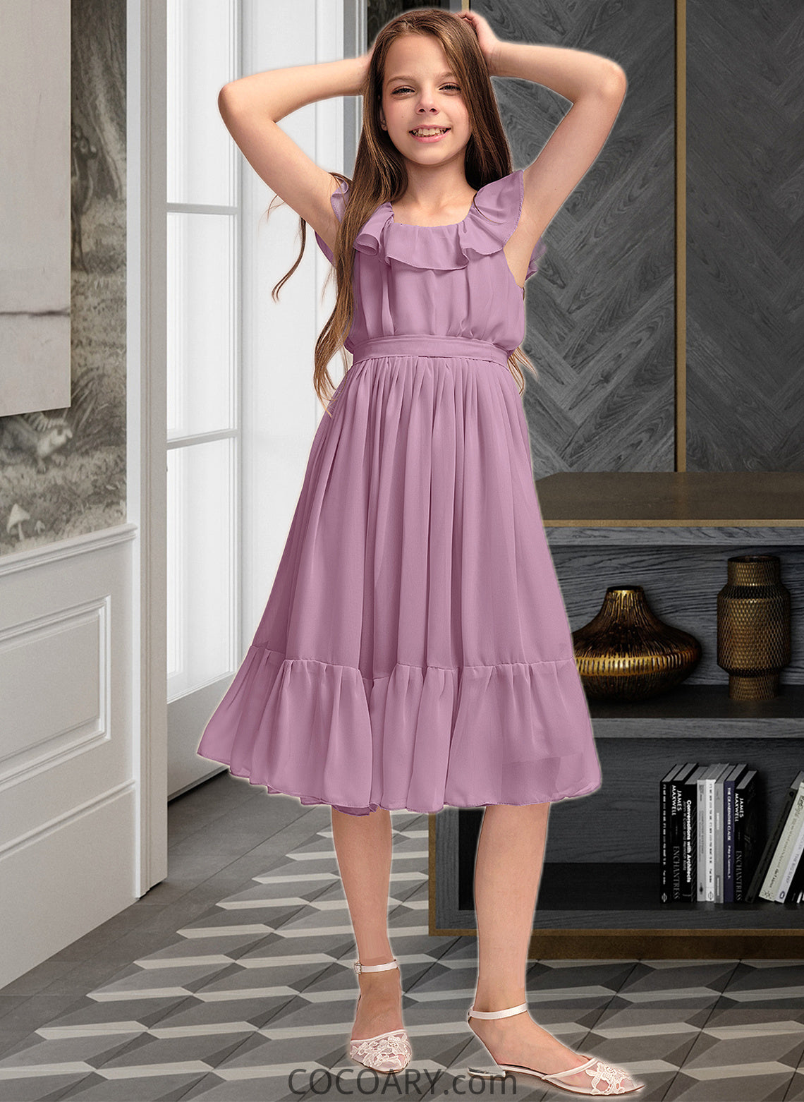 Sage A-Line Scoop Neck Knee-Length Chiffon Junior Bridesmaid Dress With Bow(s) Cascading Ruffles DA8P0013426