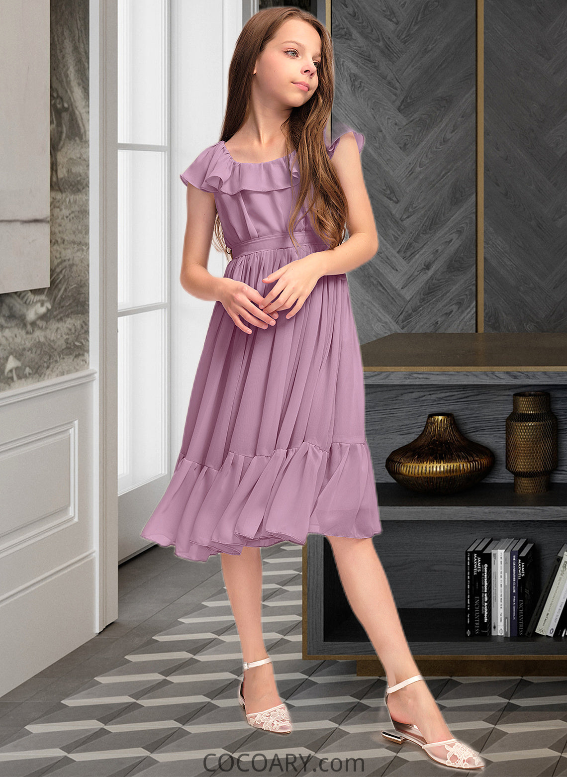 Sage A-Line Scoop Neck Knee-Length Chiffon Junior Bridesmaid Dress With Bow(s) Cascading Ruffles DA8P0013426