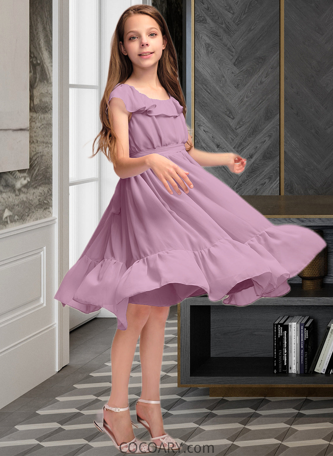 Sage A-Line Scoop Neck Knee-Length Chiffon Junior Bridesmaid Dress With Bow(s) Cascading Ruffles DA8P0013426