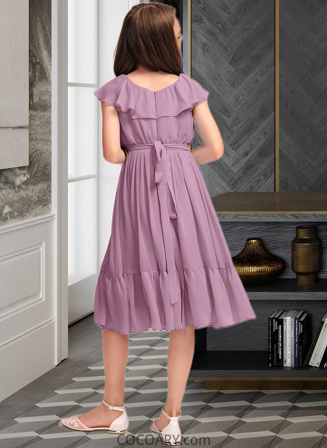 Sage A-Line Scoop Neck Knee-Length Chiffon Junior Bridesmaid Dress With Bow(s) Cascading Ruffles DA8P0013426