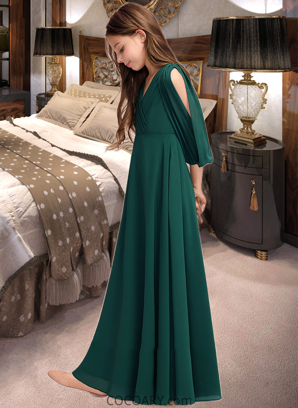 Yuliana A-Line V-neck Floor-Length Chiffon Junior Bridesmaid Dress With Ruffles DA8P0013427