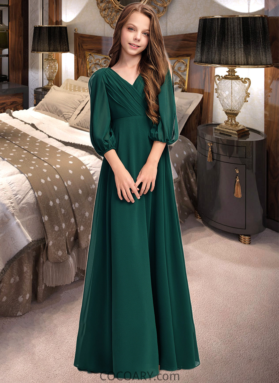 Yuliana A-Line V-neck Floor-Length Chiffon Junior Bridesmaid Dress With Ruffles DA8P0013427