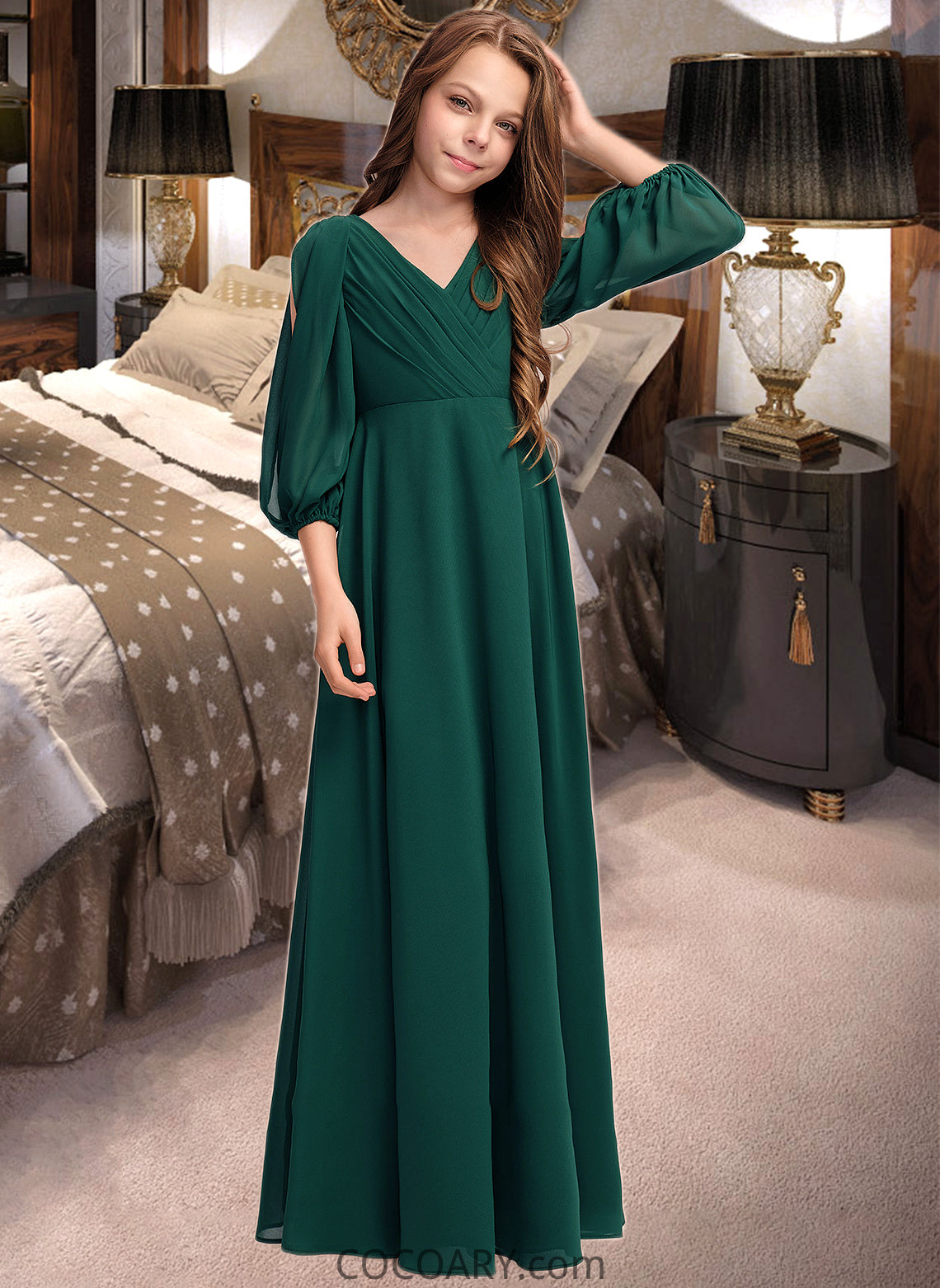 Yuliana A-Line V-neck Floor-Length Chiffon Junior Bridesmaid Dress With Ruffles DA8P0013427