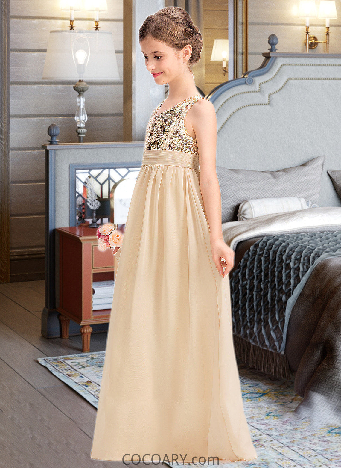 Karlee A-Line V-neck Floor-Length Chiffon Sequined Junior Bridesmaid Dress With Ruffle DA8P0013430