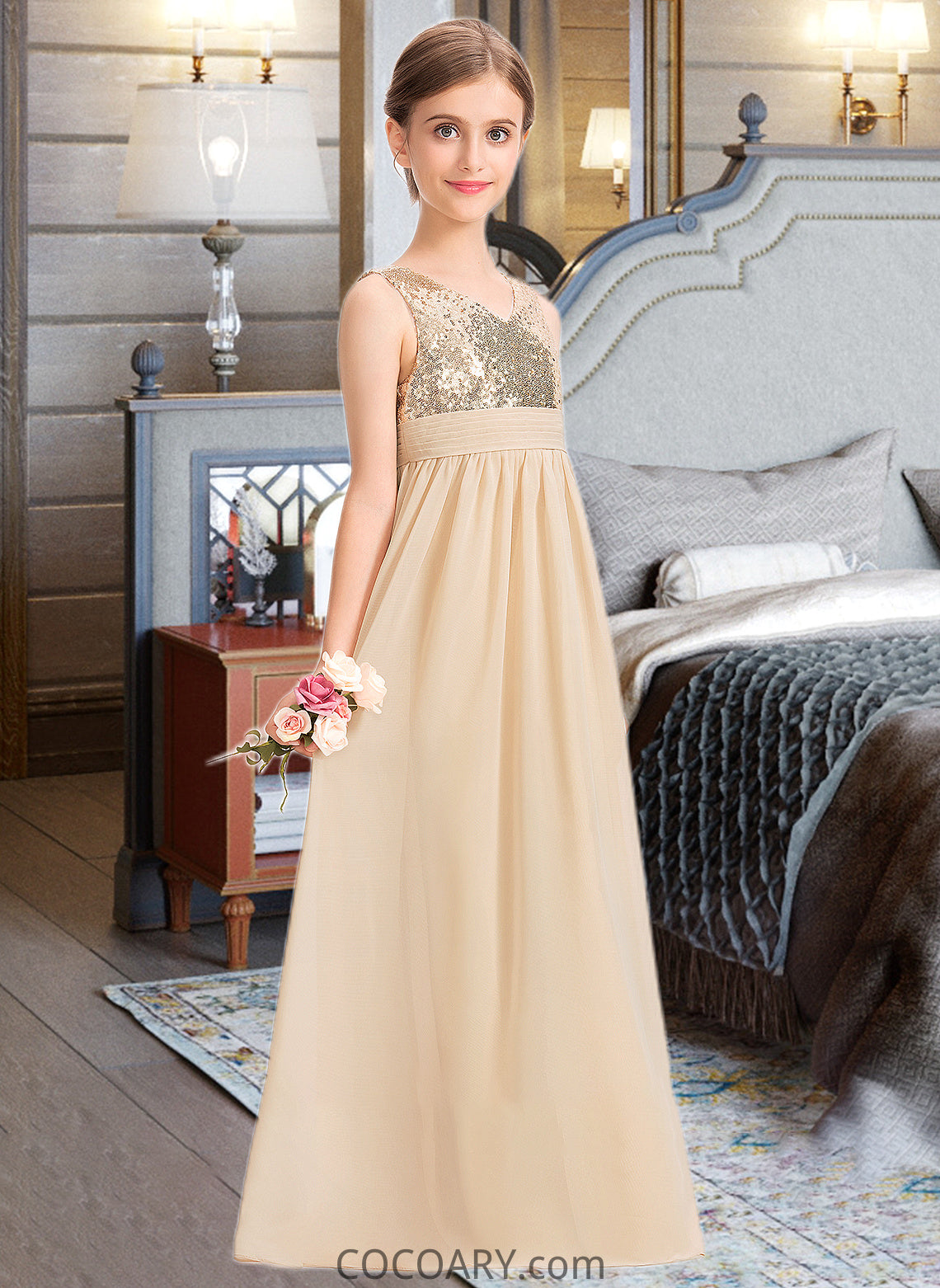 Karlee A-Line V-neck Floor-Length Chiffon Sequined Junior Bridesmaid Dress With Ruffle DA8P0013430