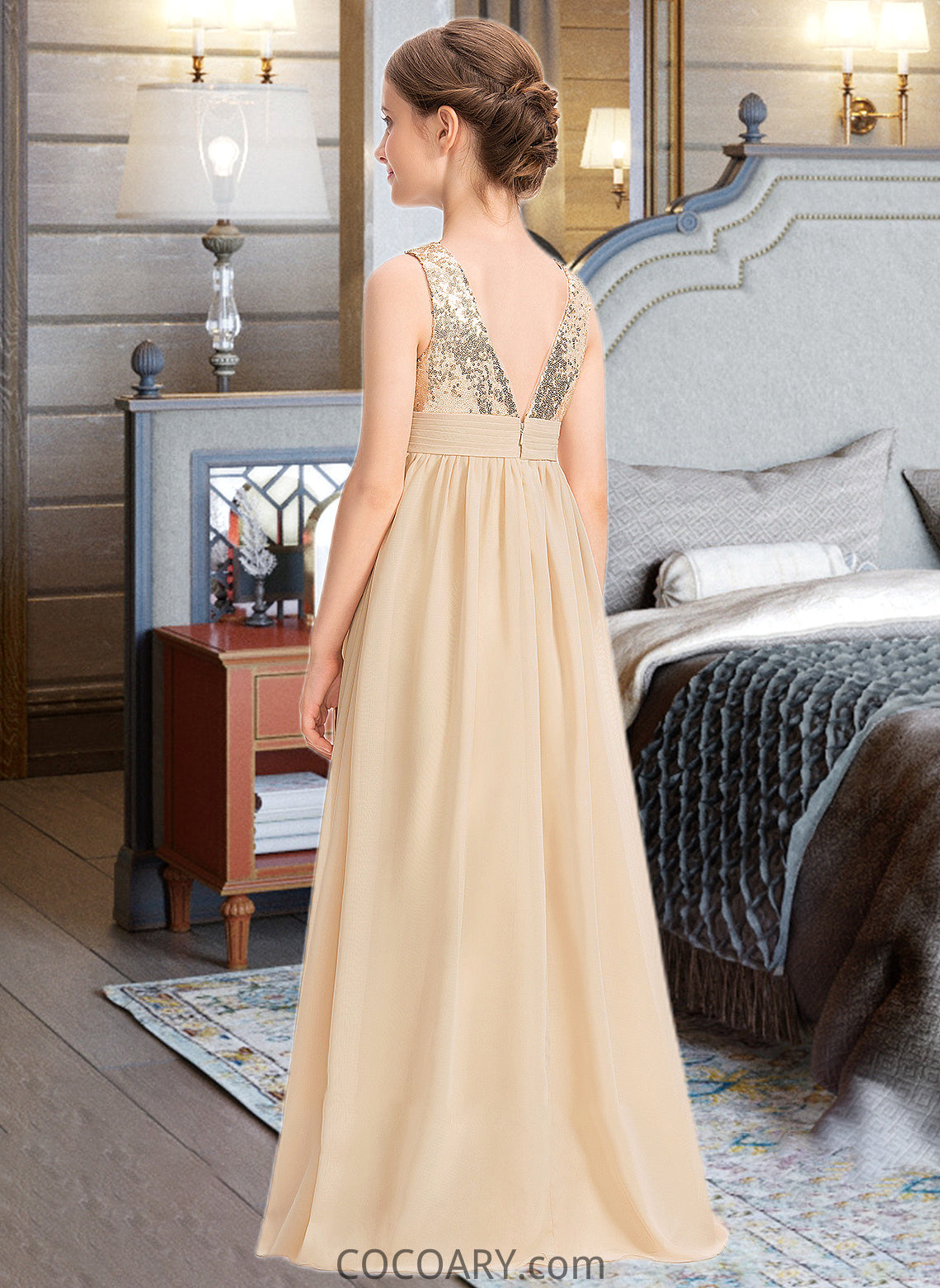 Karlee A-Line V-neck Floor-Length Chiffon Sequined Junior Bridesmaid Dress With Ruffle DA8P0013430