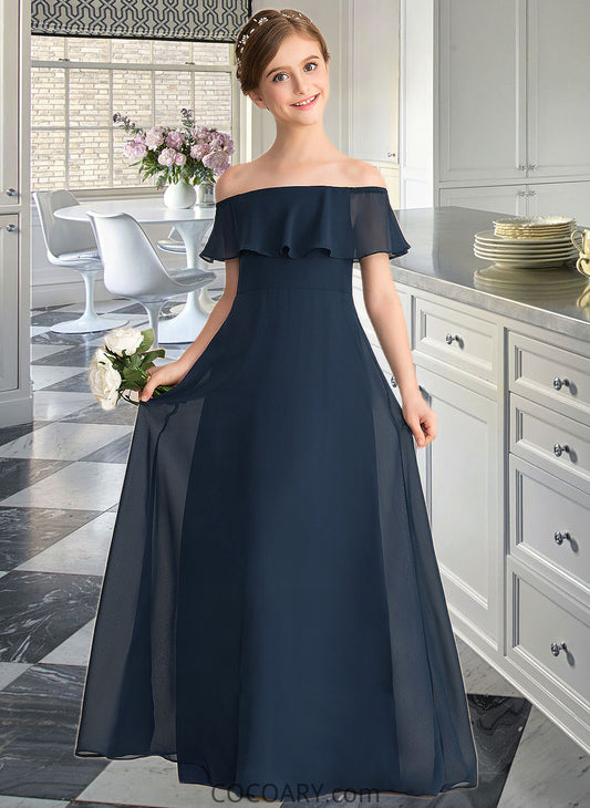 Essence A-Line Off-the-Shoulder Floor-Length Chiffon Junior Bridesmaid Dress With Cascading Ruffles DA8P0013431