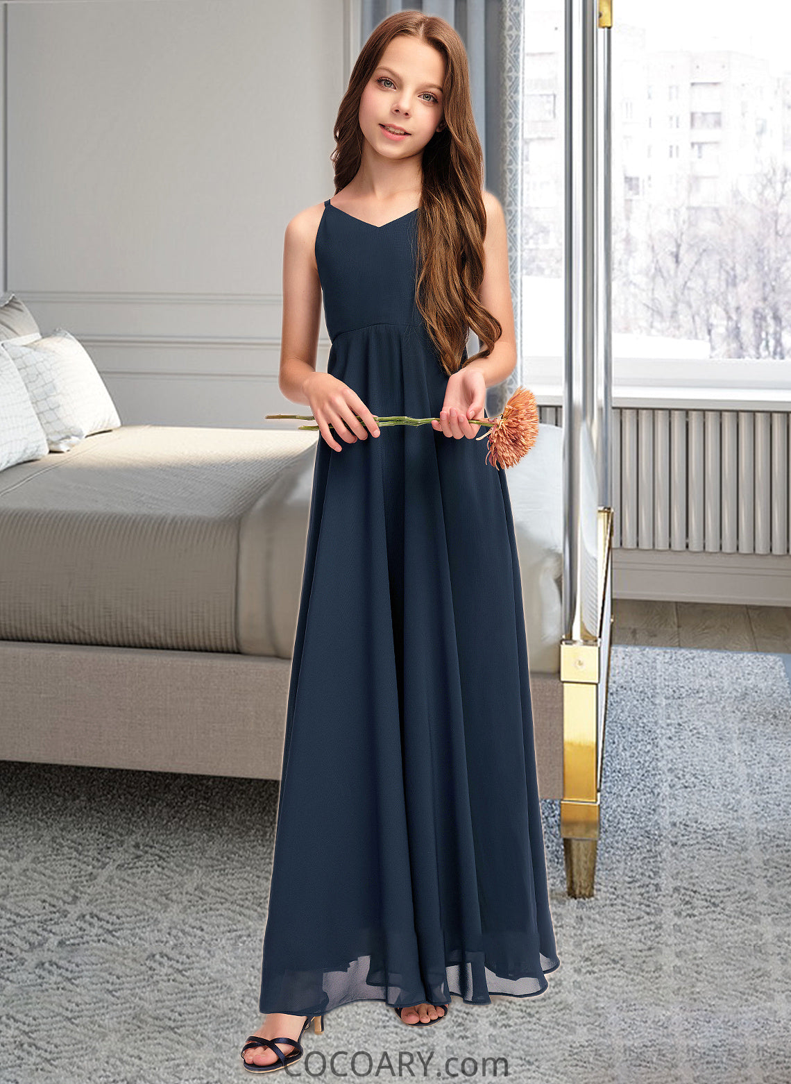 Siena A-Line V-neck Floor-Length Chiffon Junior Bridesmaid Dress With Bow(s) DA8P0013432