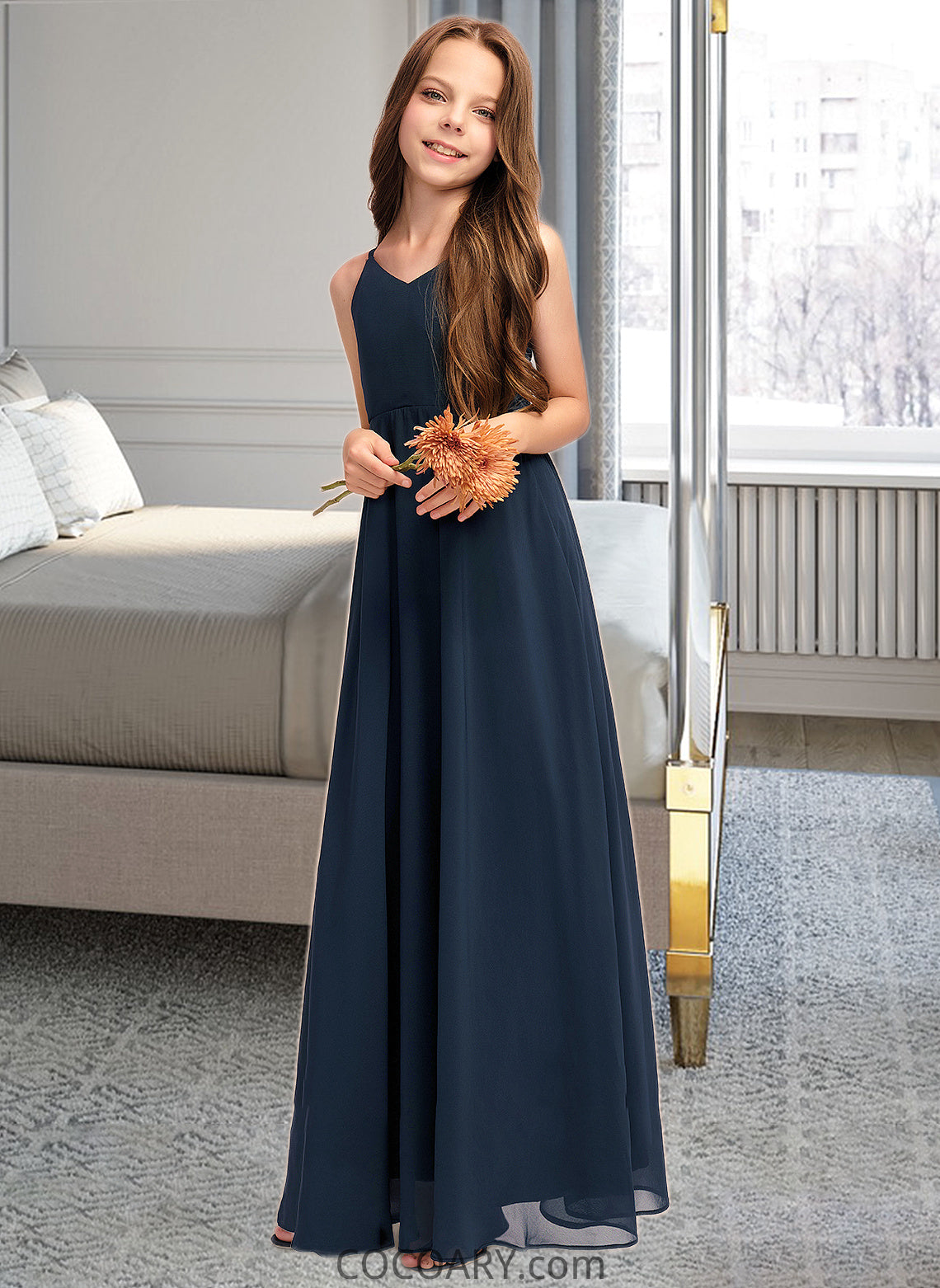 Siena A-Line V-neck Floor-Length Chiffon Junior Bridesmaid Dress With Bow(s) DA8P0013432