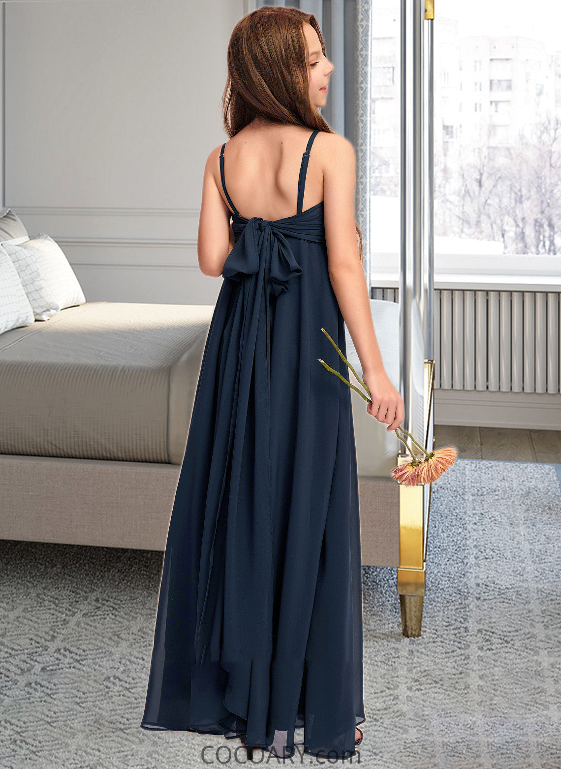 Siena A-Line V-neck Floor-Length Chiffon Junior Bridesmaid Dress With Bow(s) DA8P0013432