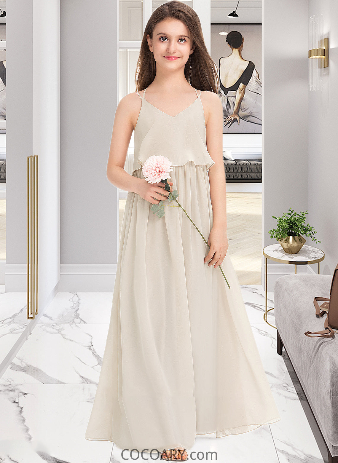 Carly A-Line V-neck Floor-Length Chiffon Junior Bridesmaid Dress DA8P0013435