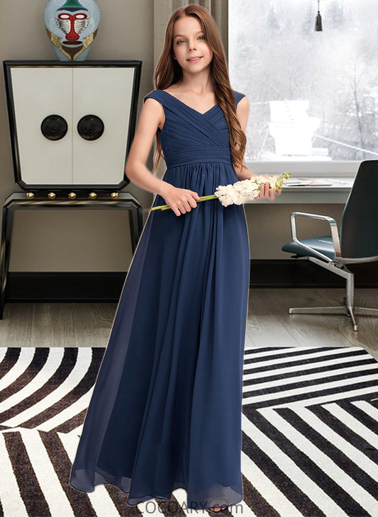 Summer A-Line Off-the-Shoulder Floor-Length Chiffon Junior Bridesmaid Dress With Ruffles DA8P0013436