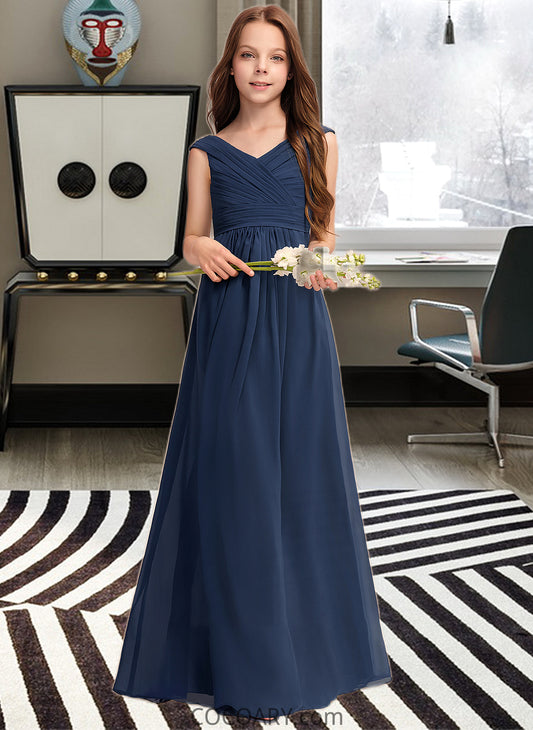 Summer A-Line Off-the-Shoulder Floor-Length Chiffon Junior Bridesmaid Dress With Ruffles DA8P0013436