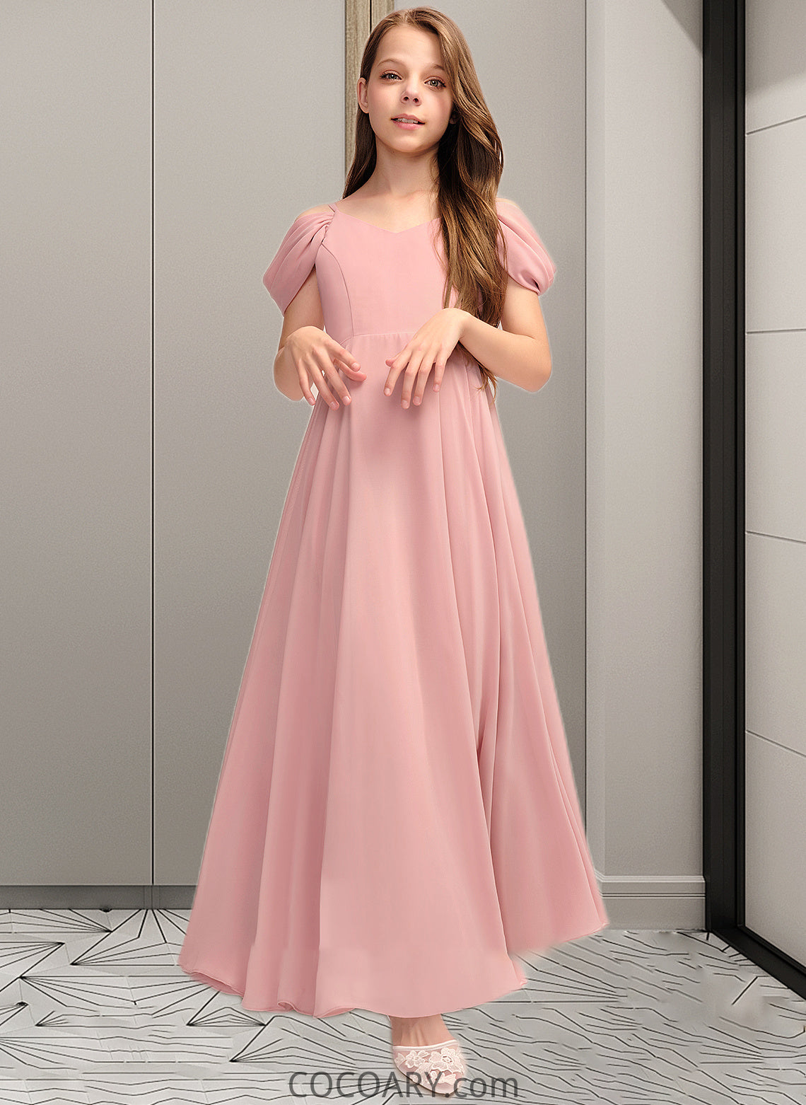 Jaylen A-Line V-neck Floor-Length Chiffon Junior Bridesmaid Dress With Ruffle DA8P0013437