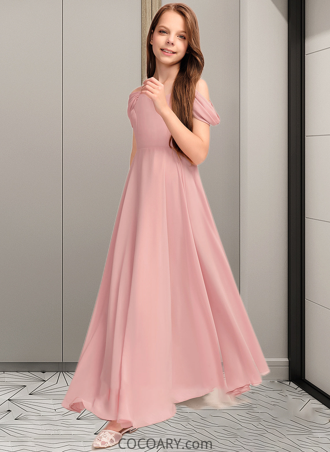 Jaylen A-Line V-neck Floor-Length Chiffon Junior Bridesmaid Dress With Ruffle DA8P0013437