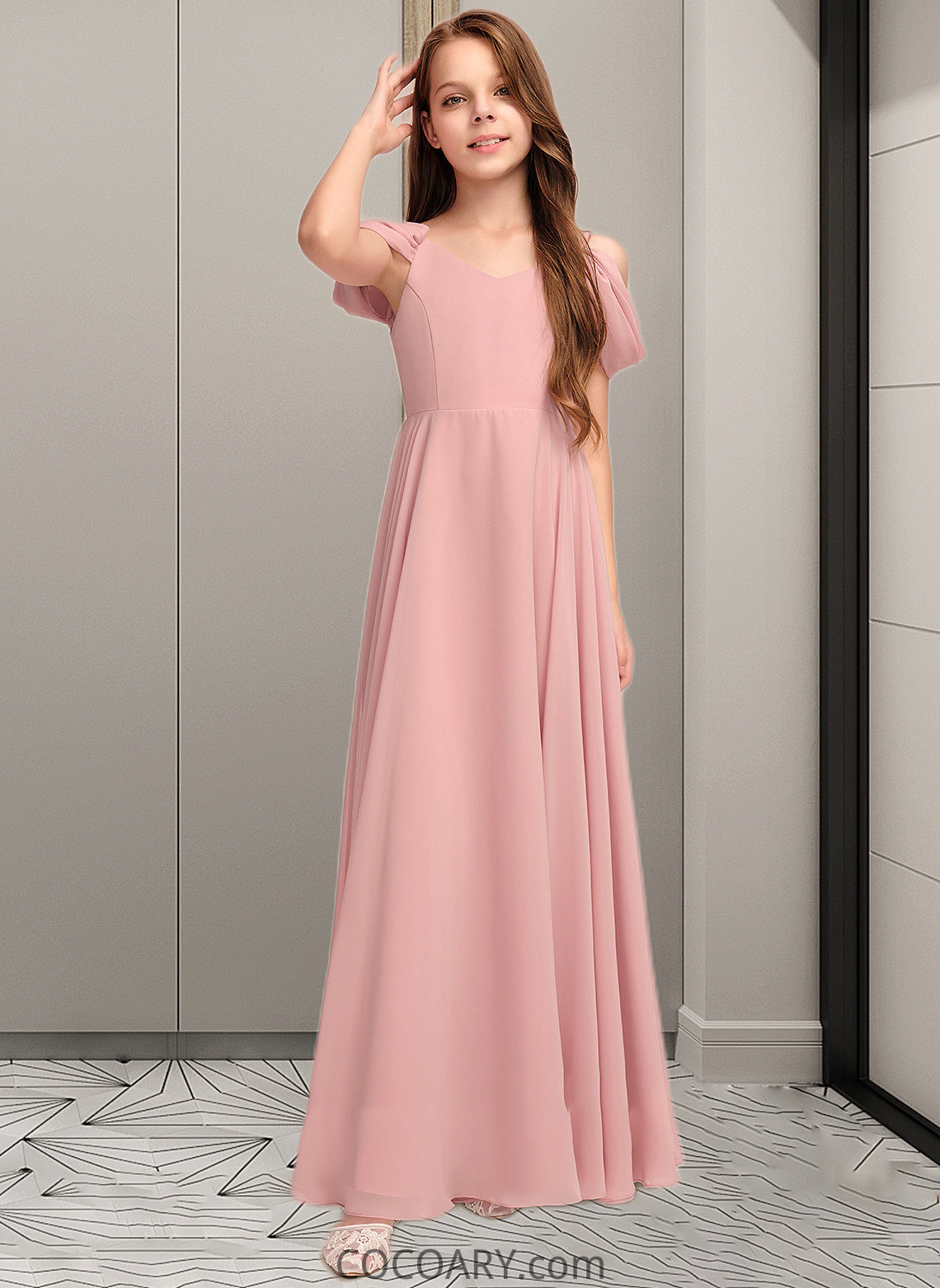 Jaylen A-Line V-neck Floor-Length Chiffon Junior Bridesmaid Dress With Ruffle DA8P0013437